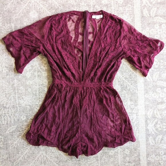 Honey Punch Deep Red Lace Romper Deep V Sheer Back - Picture 1 of 9